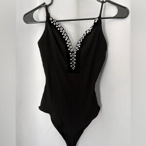 Black Ribbed Eyelet-Trim Tank Bodysuit